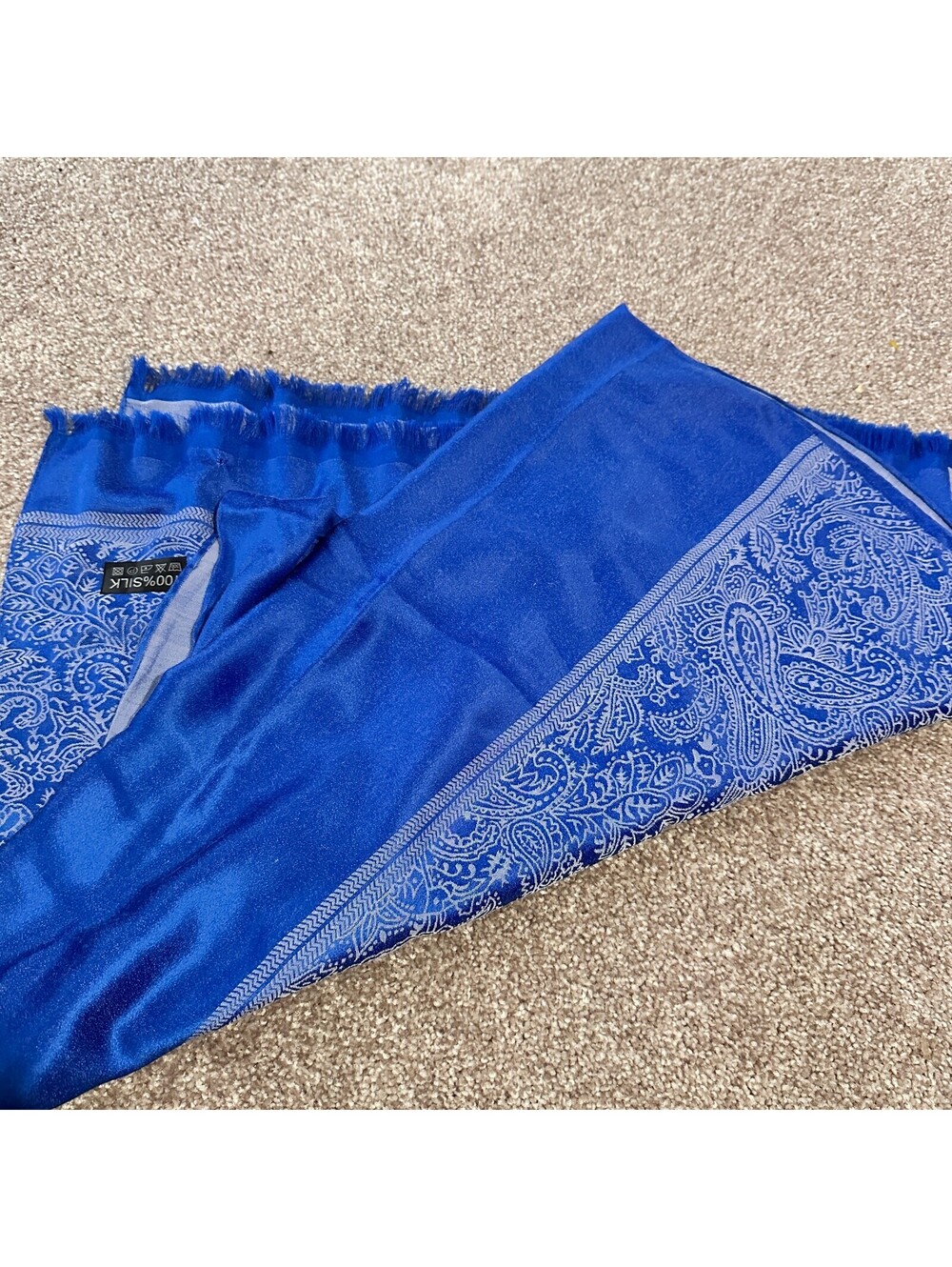 Elegant Blue 100% Silk Paisley Scarf 68x20 Inches